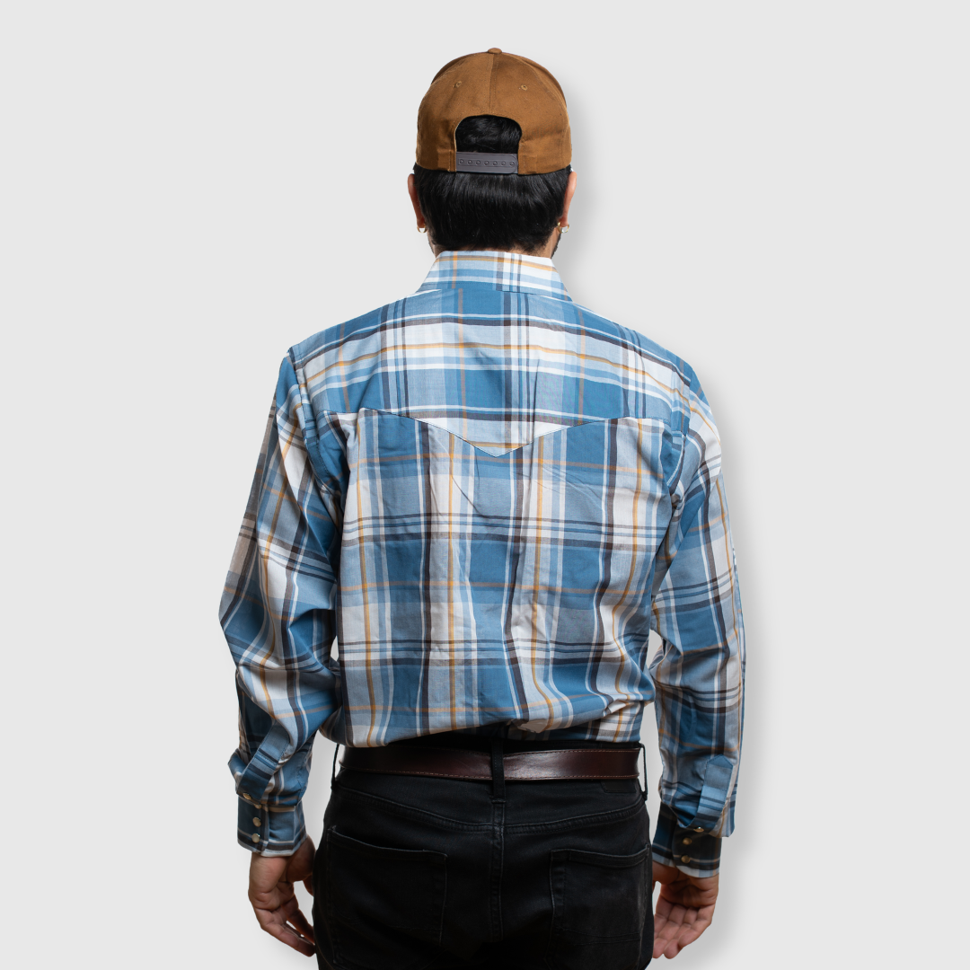Men's Snap Plaid Shirt (Teal) - I30D02-39