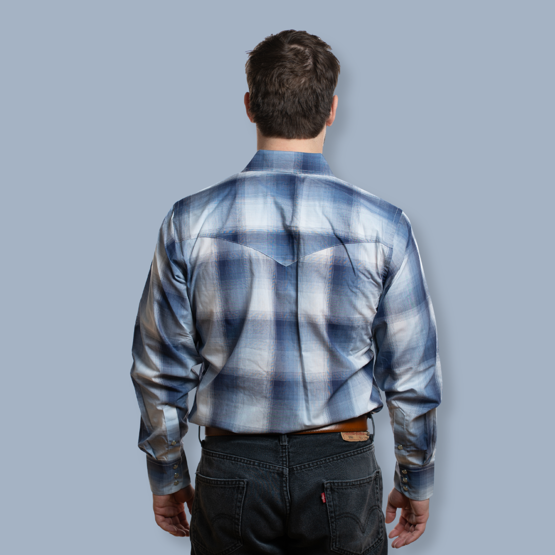 Men's Snap Plaid Shirt (Sky Blue) - I30D02-61