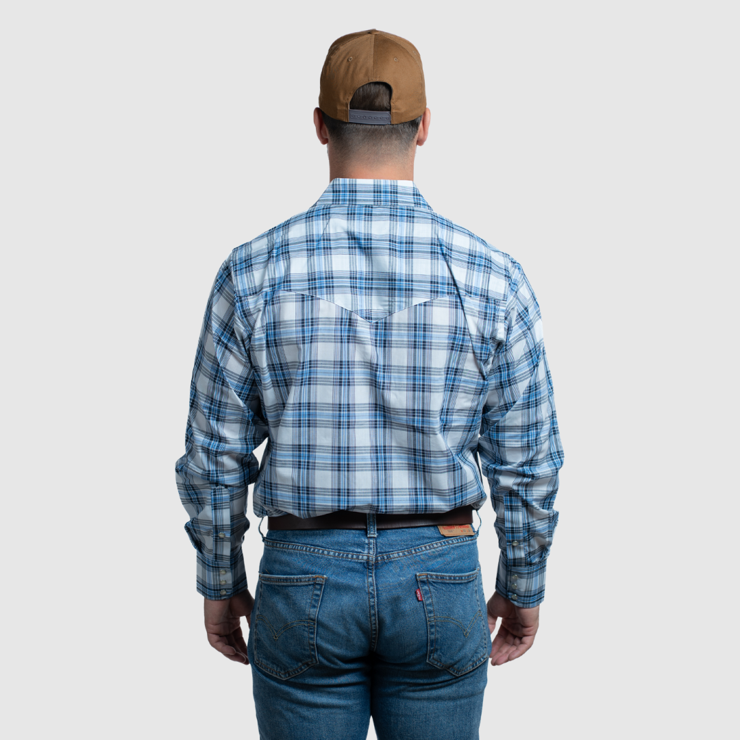 Men's Snap Plaid Shirt (Powder Blue) - I30D02-43