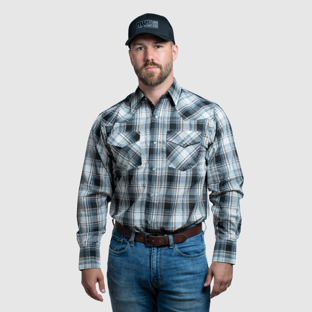 Men's Snap Plaid Shirt (Black Orange) - I30D02-78