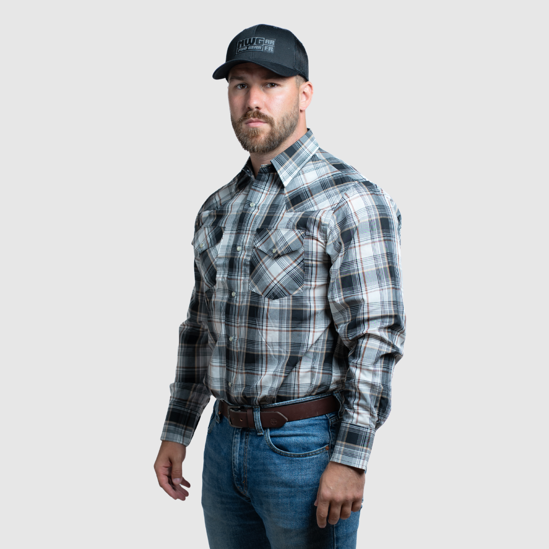 Men's Snap Plaid Shirt (Black Orange) - I30D02-78