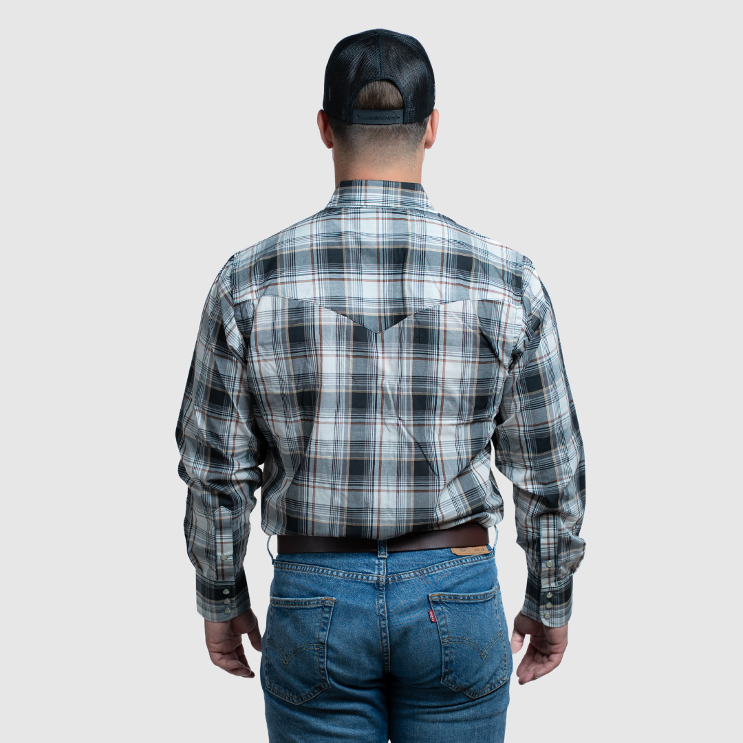 Men's Snap Plaid Shirt (Black Orange) - I30D02-78