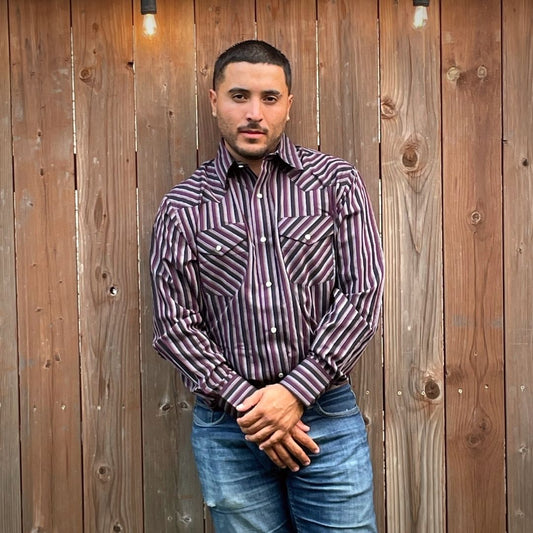 Men's long-sleeve stripe western shirt. Western shirt has burgundy, black and white stripes with pearl snap buttons.