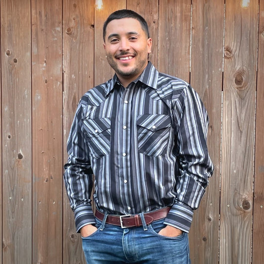 Men's long-sleeve stripe western shirt. Western shirt has black and grey stripes with pearl snap buttons.
