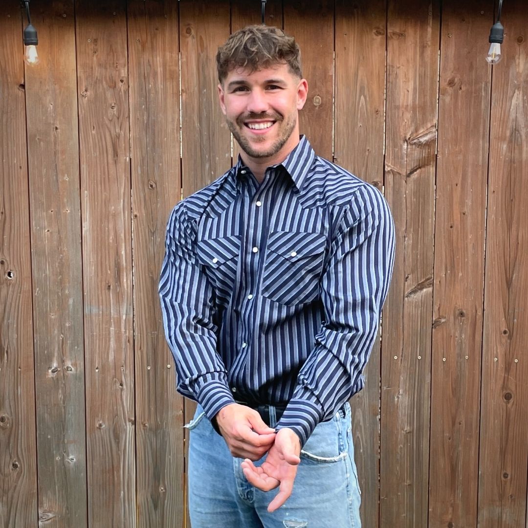 Men's long-sleeve stripe western shirt. Western shirt has navy and grey stripes with pearl snap buttons.