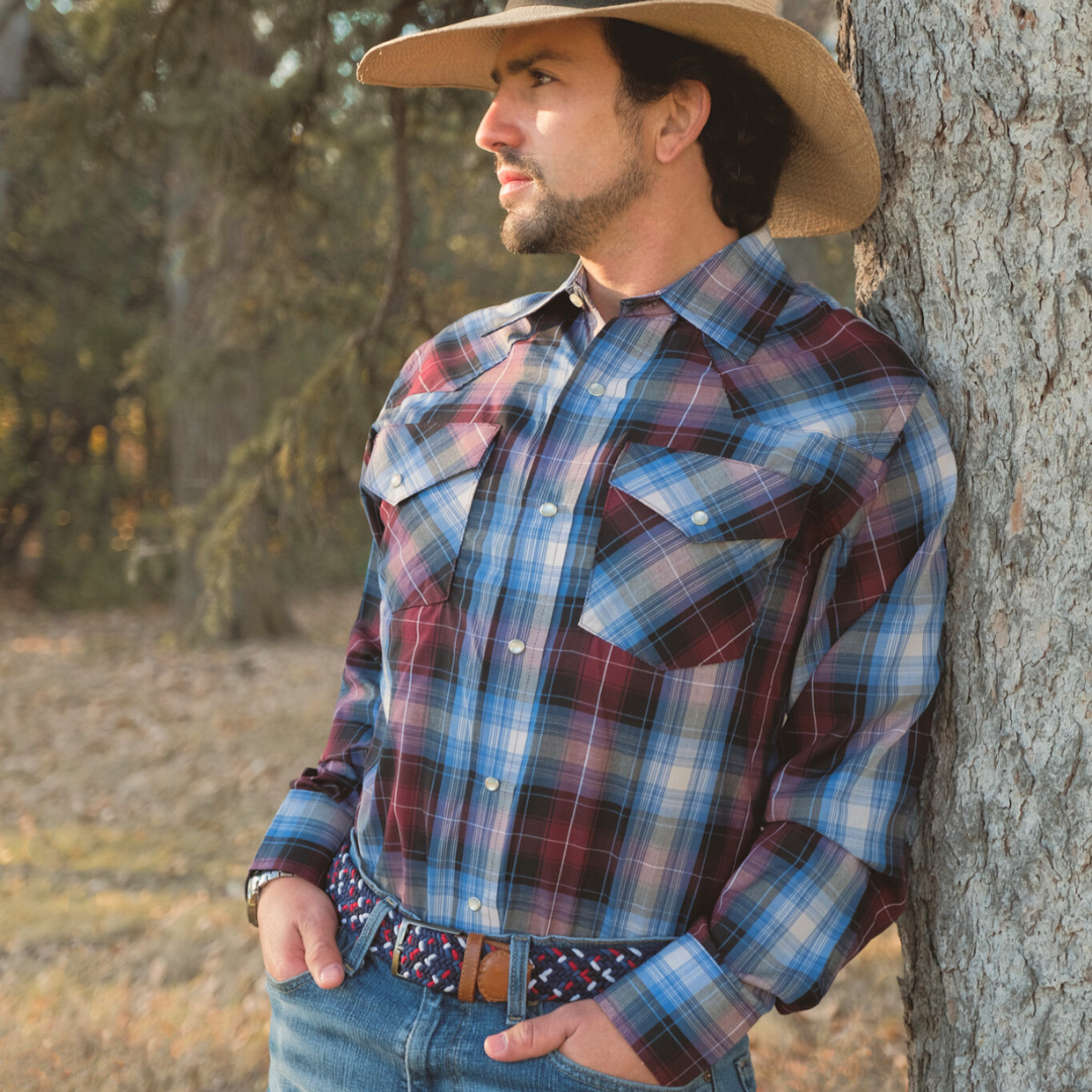 Men's Snap Plaid Shirt (Wine) - I30D02-06