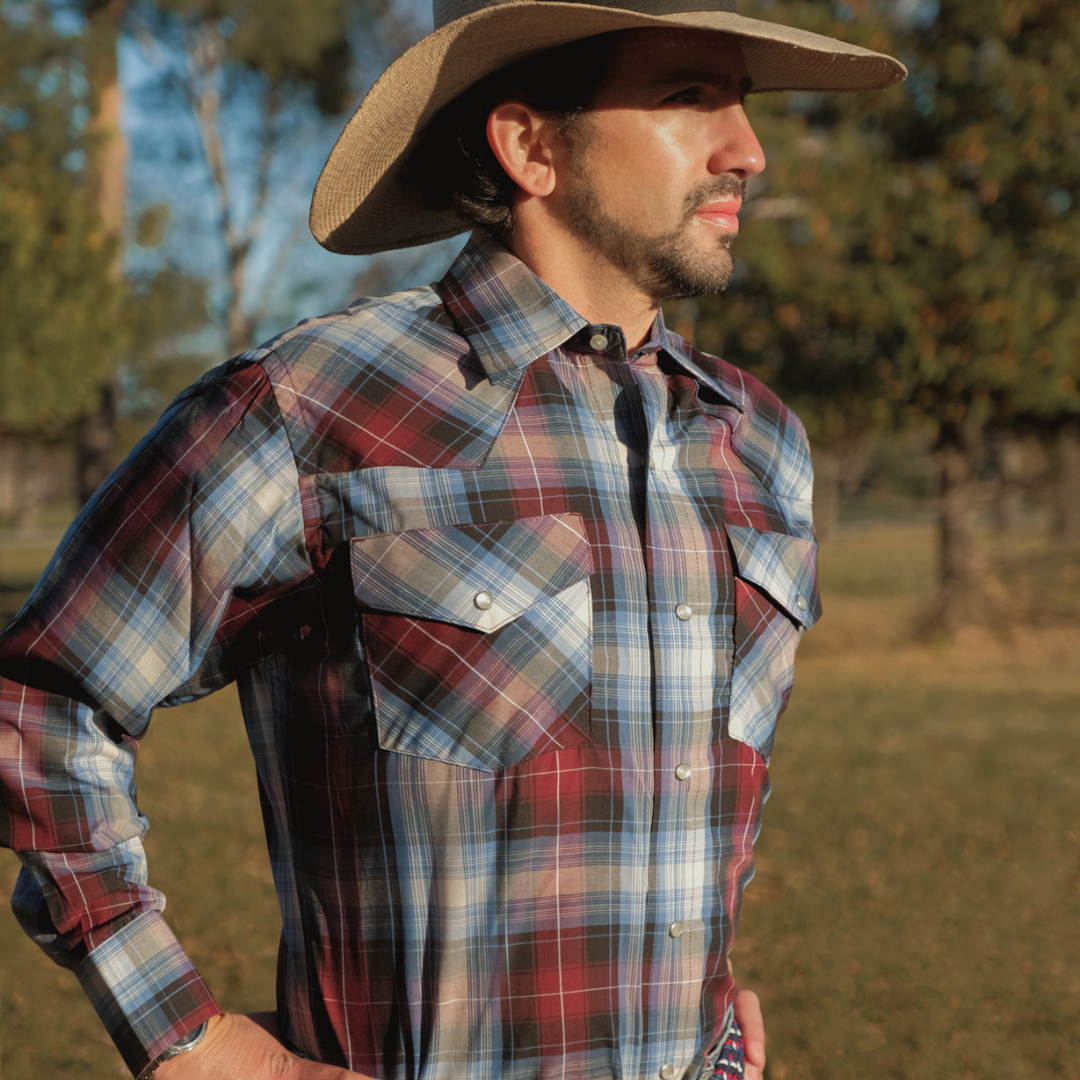 Men's Snap Plaid Shirt (Wine) - I30D02-06