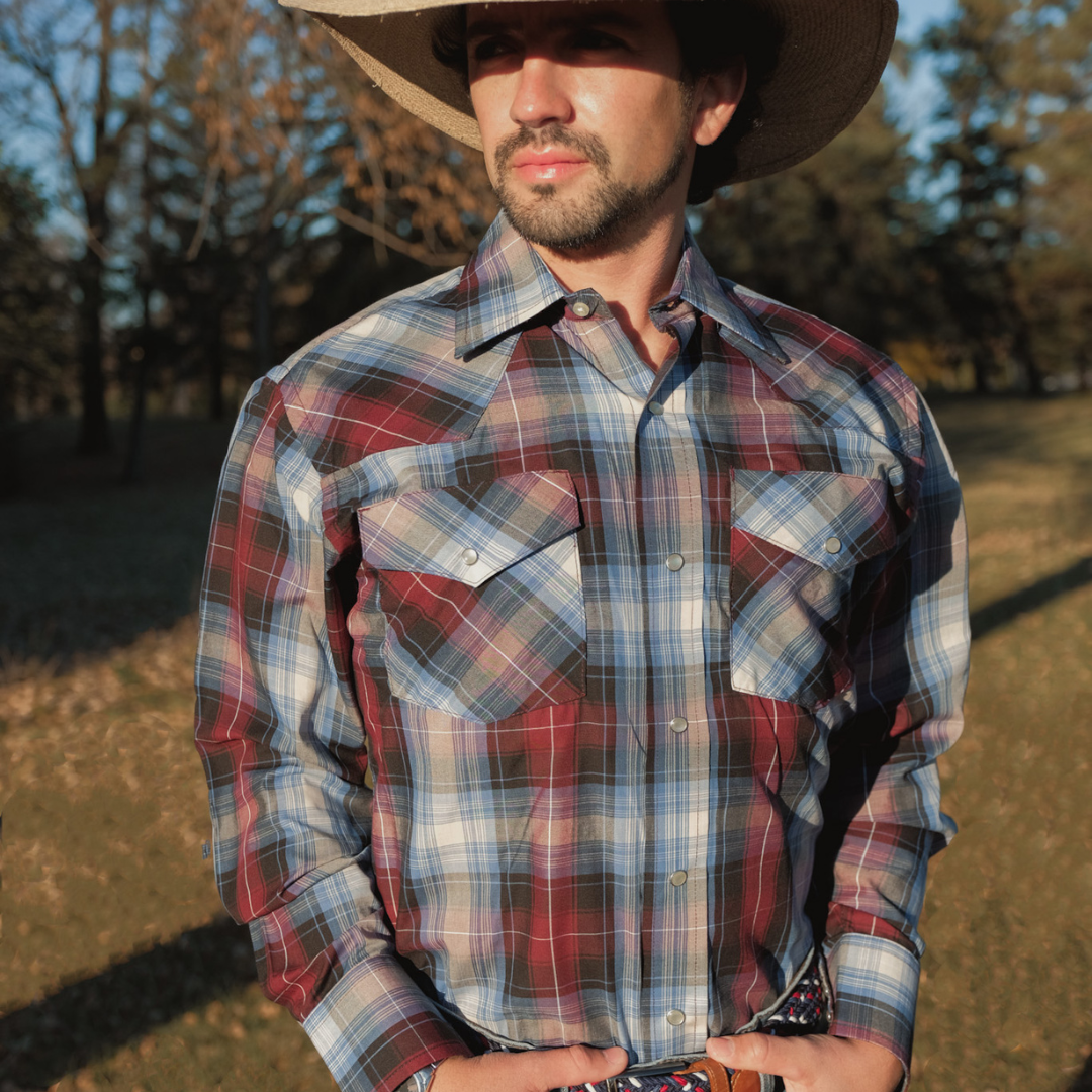 Men's Snap Plaid Shirt (Wine) - I30D02-06