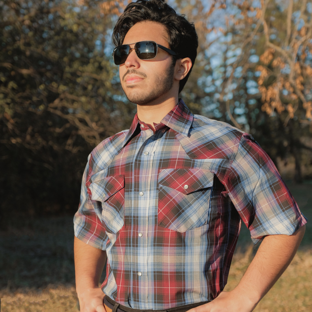 Men's Short-Sleeve Snap Plaid Shirt (Wine) - I30E00-06