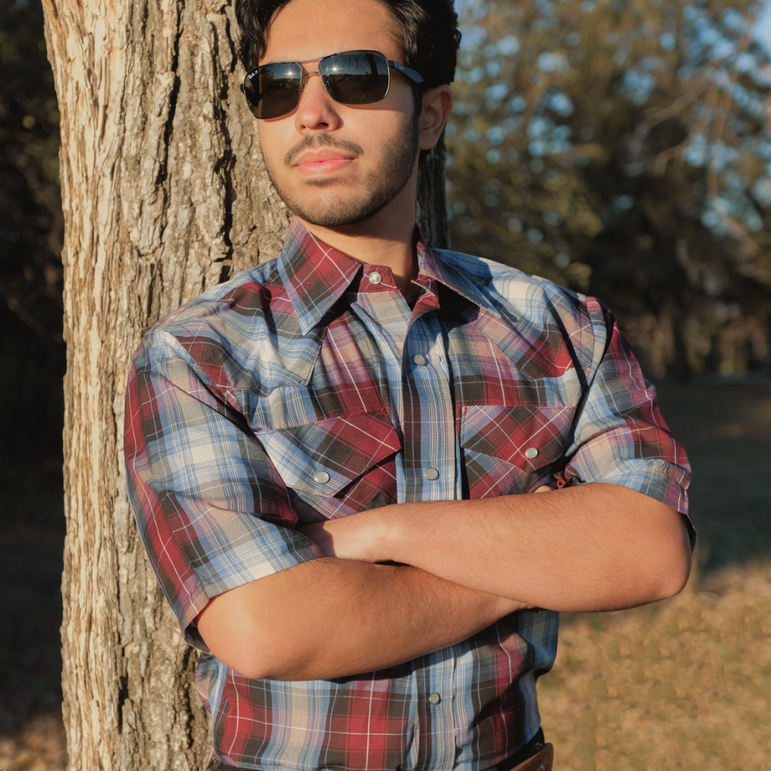 Men's Short-Sleeve Snap Plaid Shirt (Wine) - I30E00-06