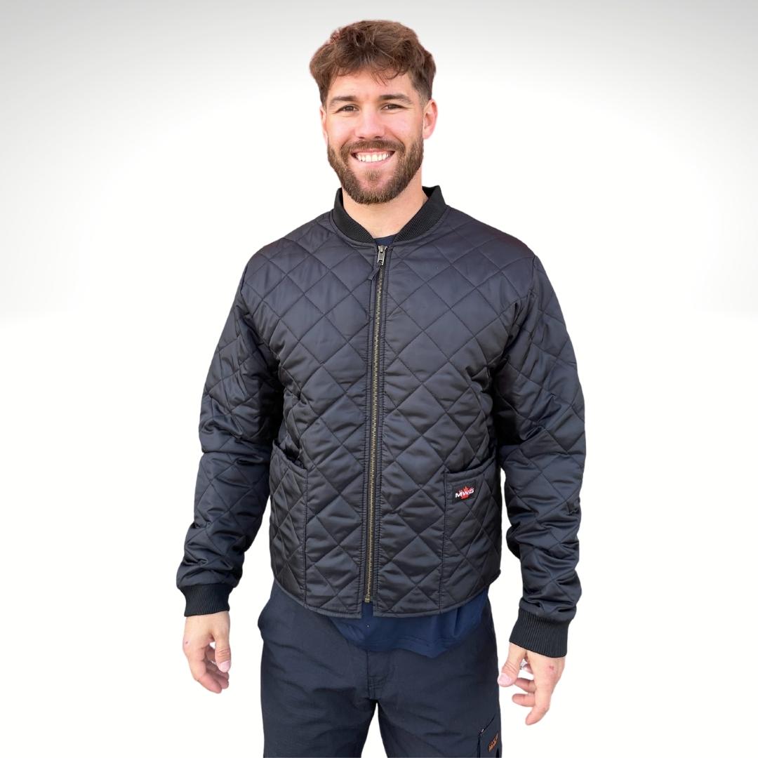 MWG Ripstop Black Freezer Jacket. Freezer Jacket has a brass zipper, two front pockets and ribbed cuffs & collar.