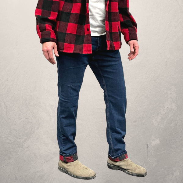 MWG Premium Flannel Lined Stretch Jean. Flannel Lined Jeans are navy with a buffalo plaid flannel lining.