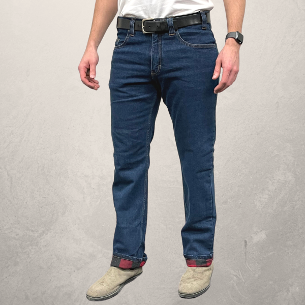 MWG Premium Flannel Lined Stretch Jean. Flannel Lined Jeans are navy with a buffalo plaid flannel lining.