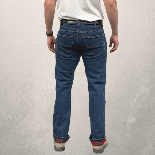 MWG Premium Flannel Lined Stretch Jean. Flannel Lined Jeans are navy with a buffalo plaid flannel lining.