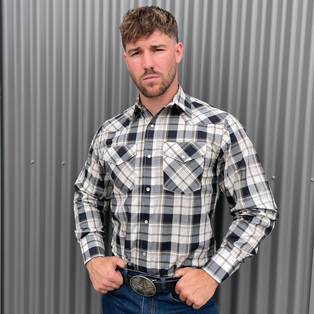 Men's long-sleeve plaid western shirt. Western shirt is white, black and gold with pearl snaps.
