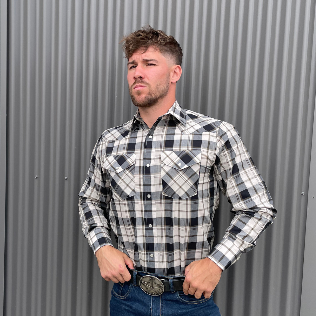 Men's long-sleeve plaid western shirt. Western shirt is white, black and gold with pearl snaps.
