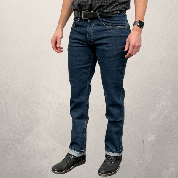 MWG Premium Storm Rider denim jean. Stretch jeans are navy with gold stitching and a relaxed fit.