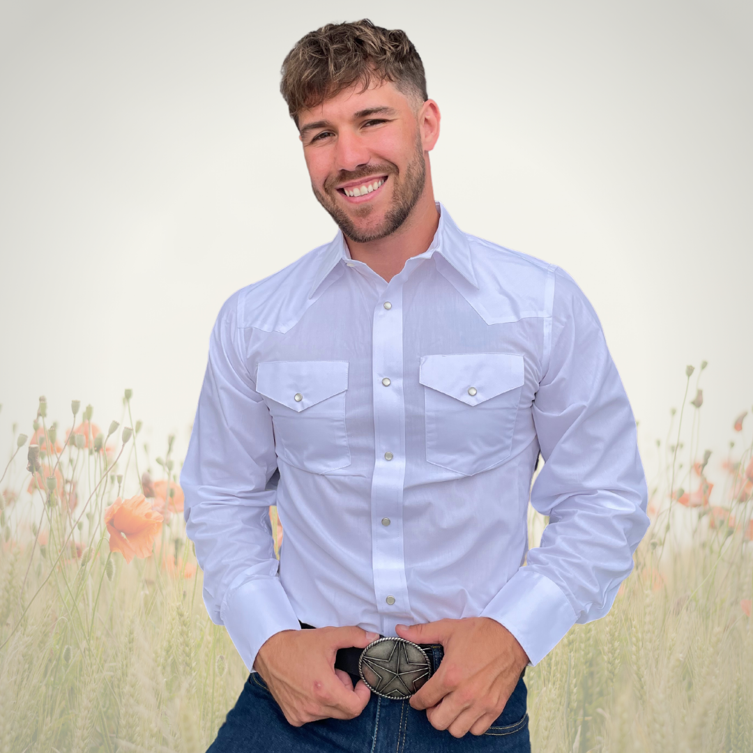 Men's long-sleeve western shirt. Western is white with two front pockets and pearl snap buttons.