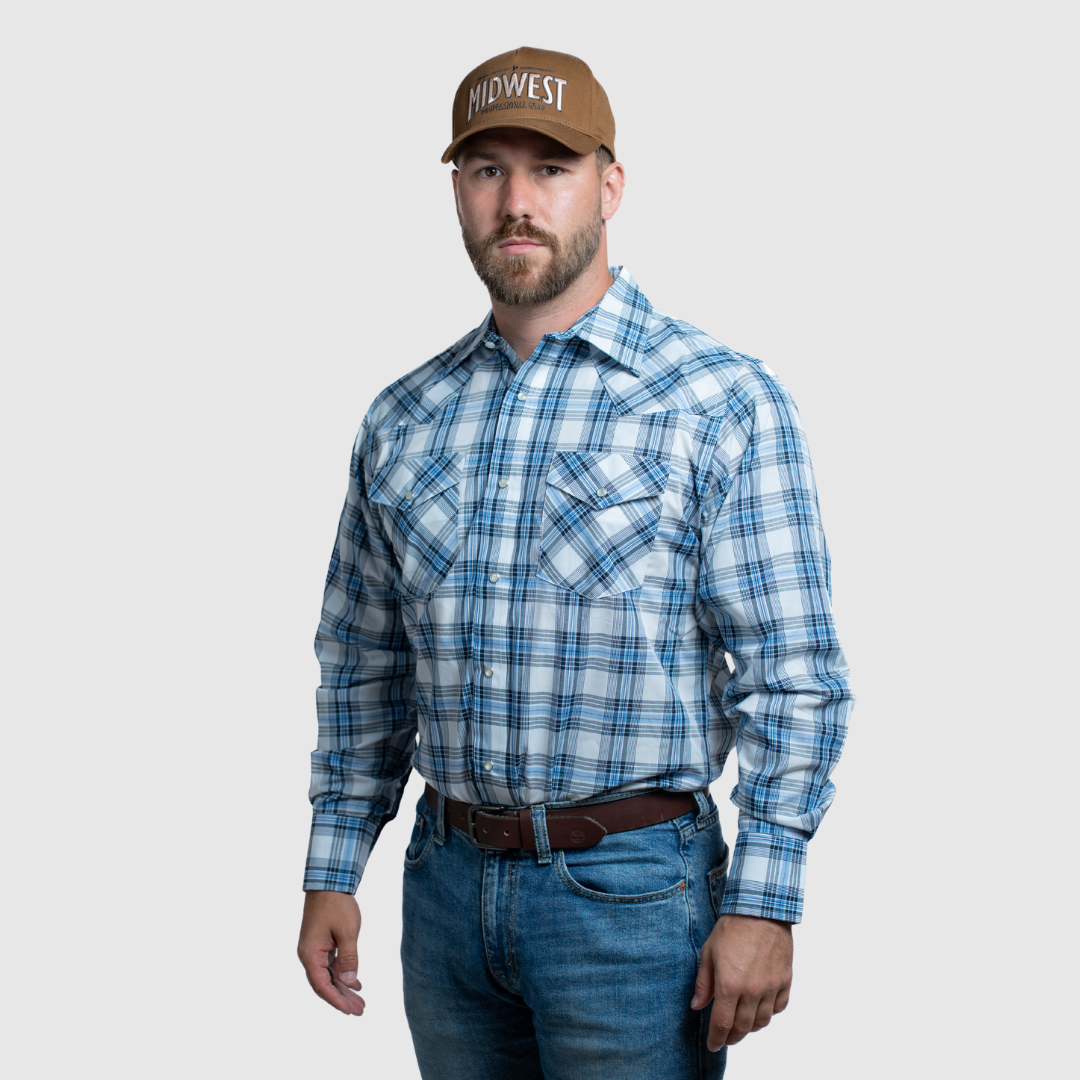 Men's Snap Plaid Shirt (Powder Blue) - I30D02-43