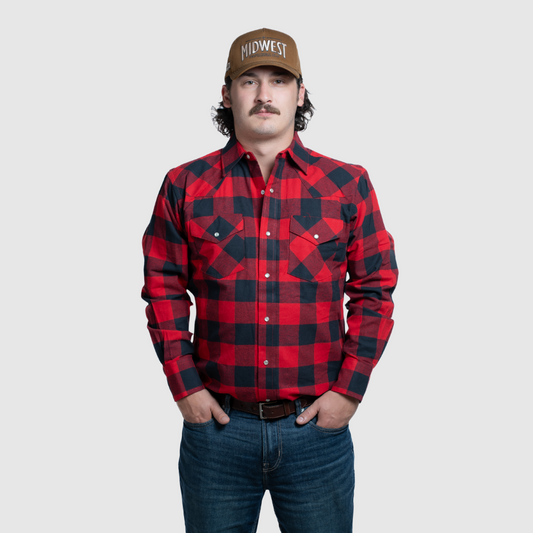 Men's Flannel Snap Shirt - I36V00-76 (Black/Red)