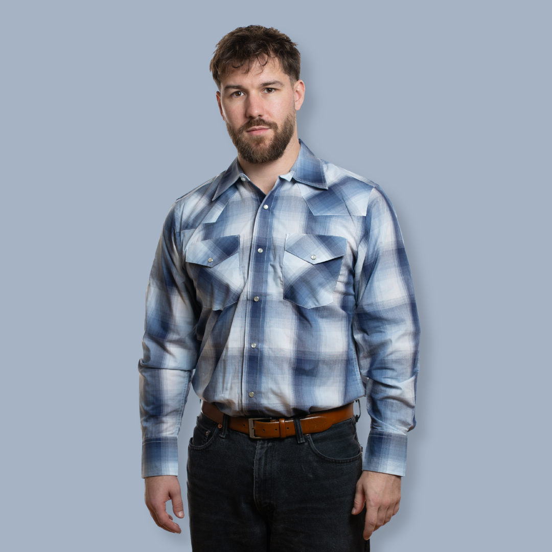 Men's Snap Plaid Shirt (Sky Blue) - I30D02-61