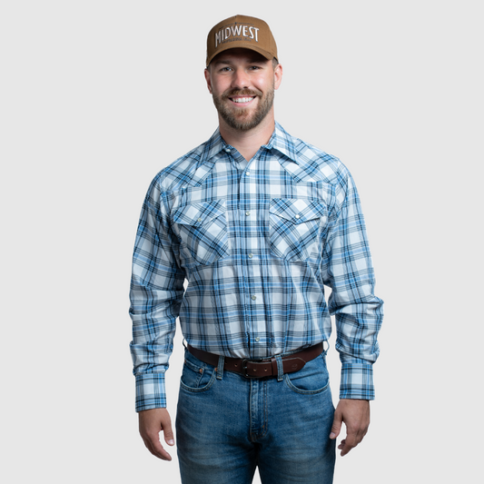 Men's Snap Plaid Shirt (Powder Blue) - I30D02-43