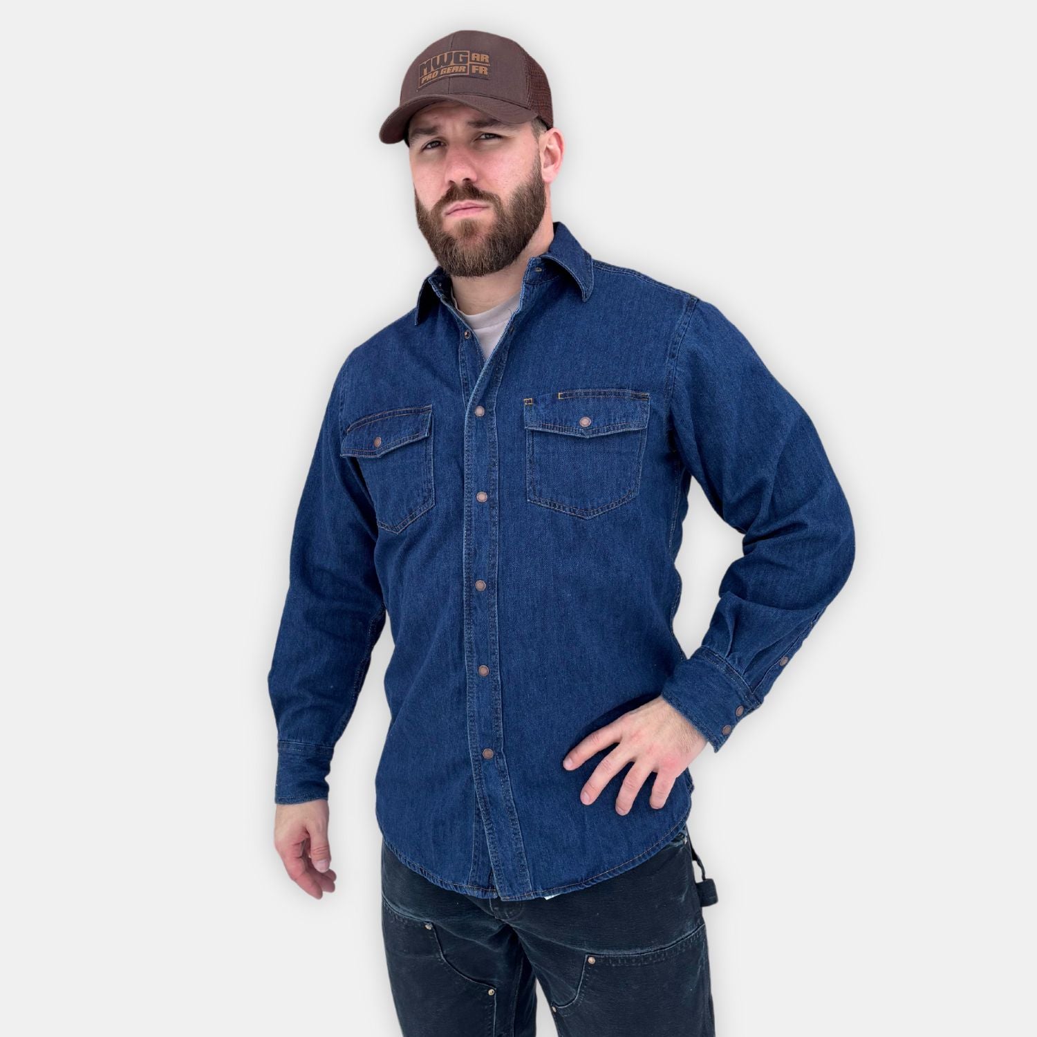 Men's Western Denim Shirt. Navy with gold stitching.