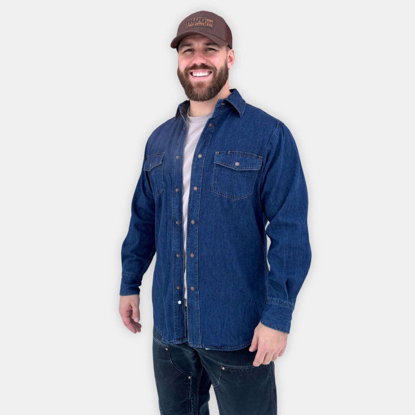 Men's Western Denim Shirt. Navy with gold stitching.