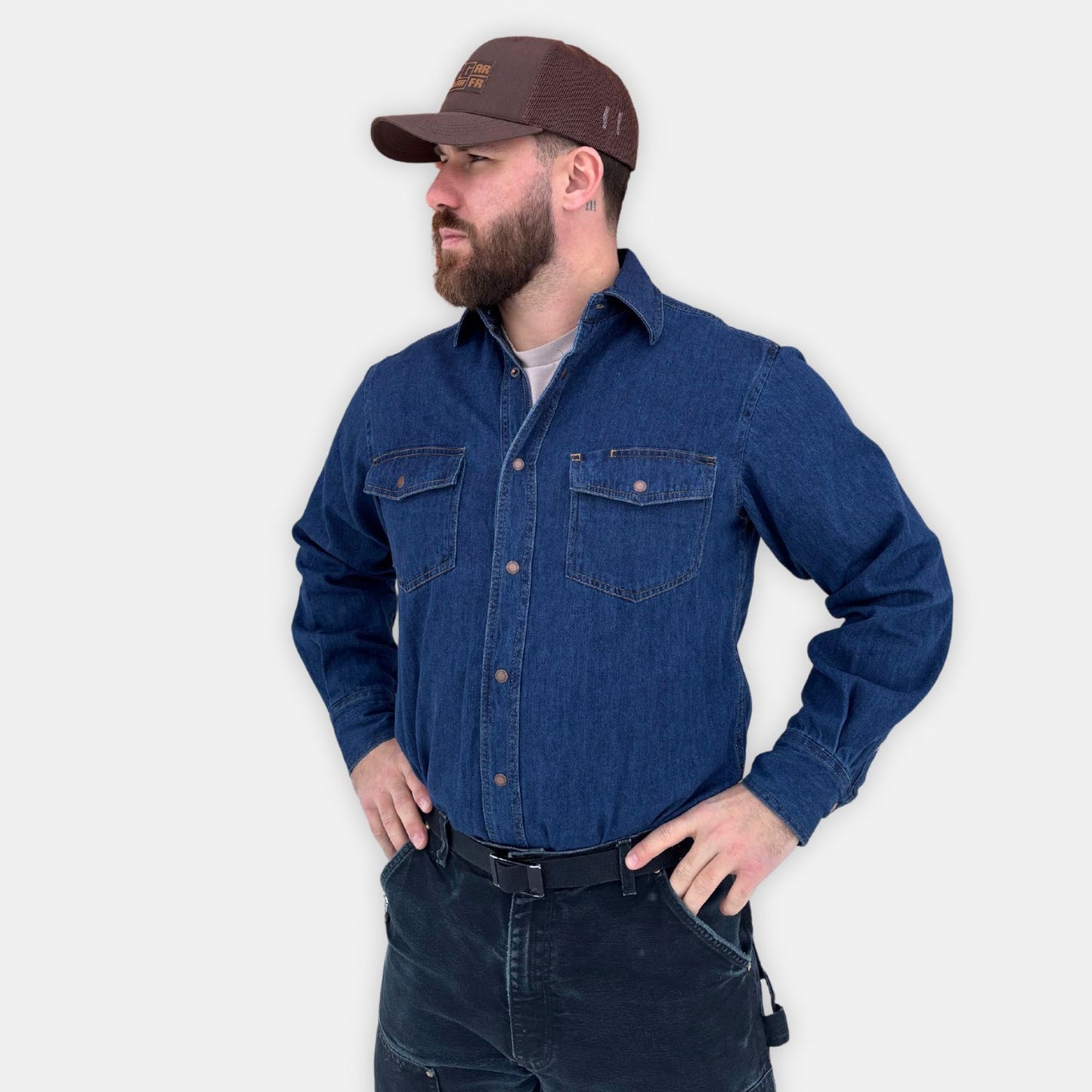 Men's Western Denim Shirt. Navy with gold stitching.