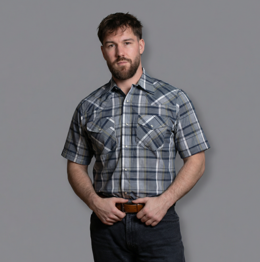 Men's Short-Sleeve Snap Plaid Shirt (Sage) - I30E00-56