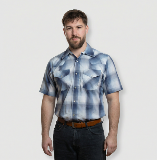 Men's Short-Sleeve Snap Plaid Shirt (Sky Blue) - I30E00-61