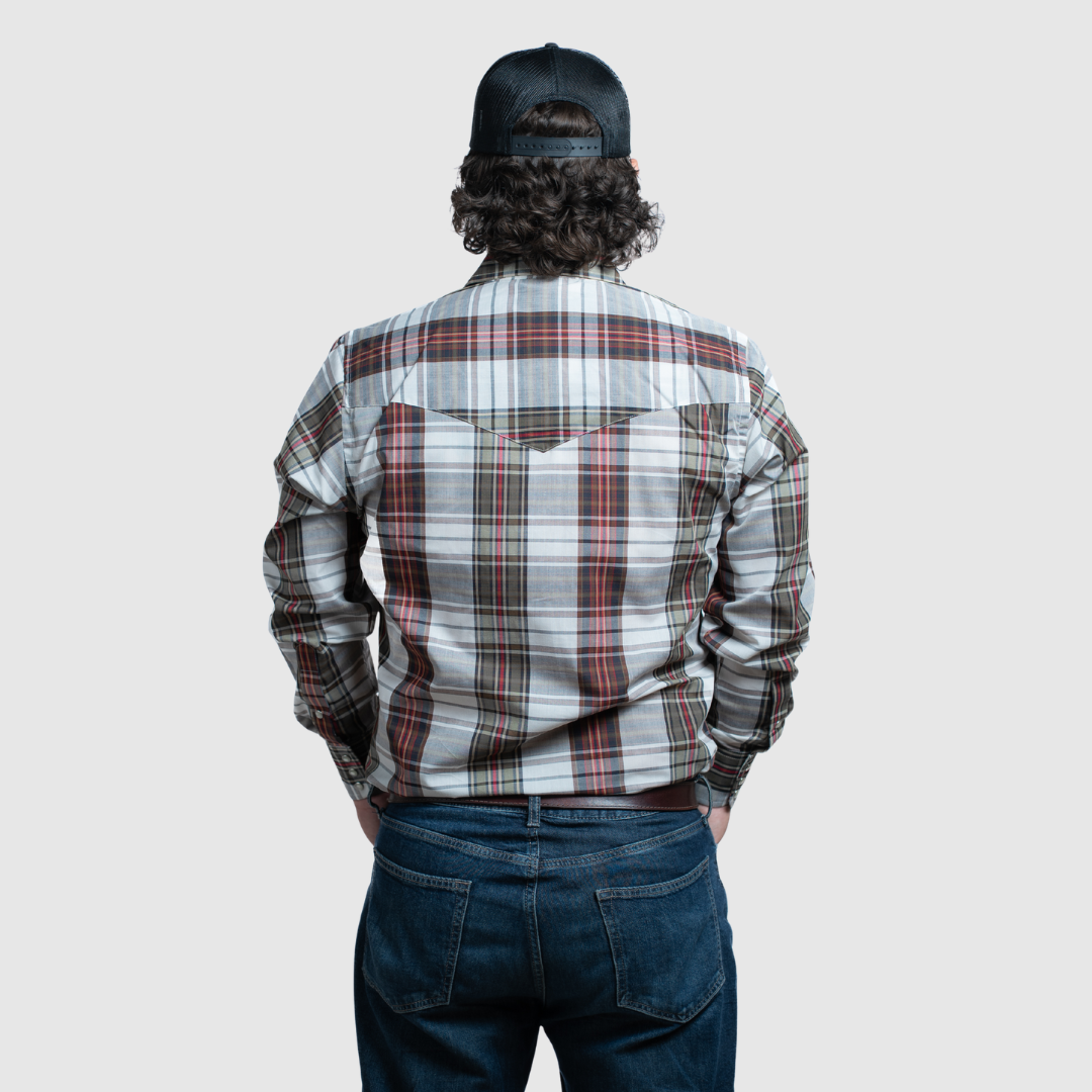 Men's Snap Plaid Shirt (Beige) - I30D02-23