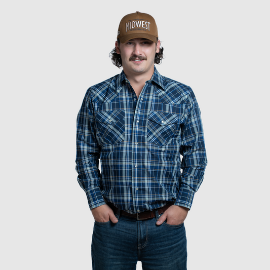 Men's Snap Plaid Shirt (Dark Royal) - I30D02-51