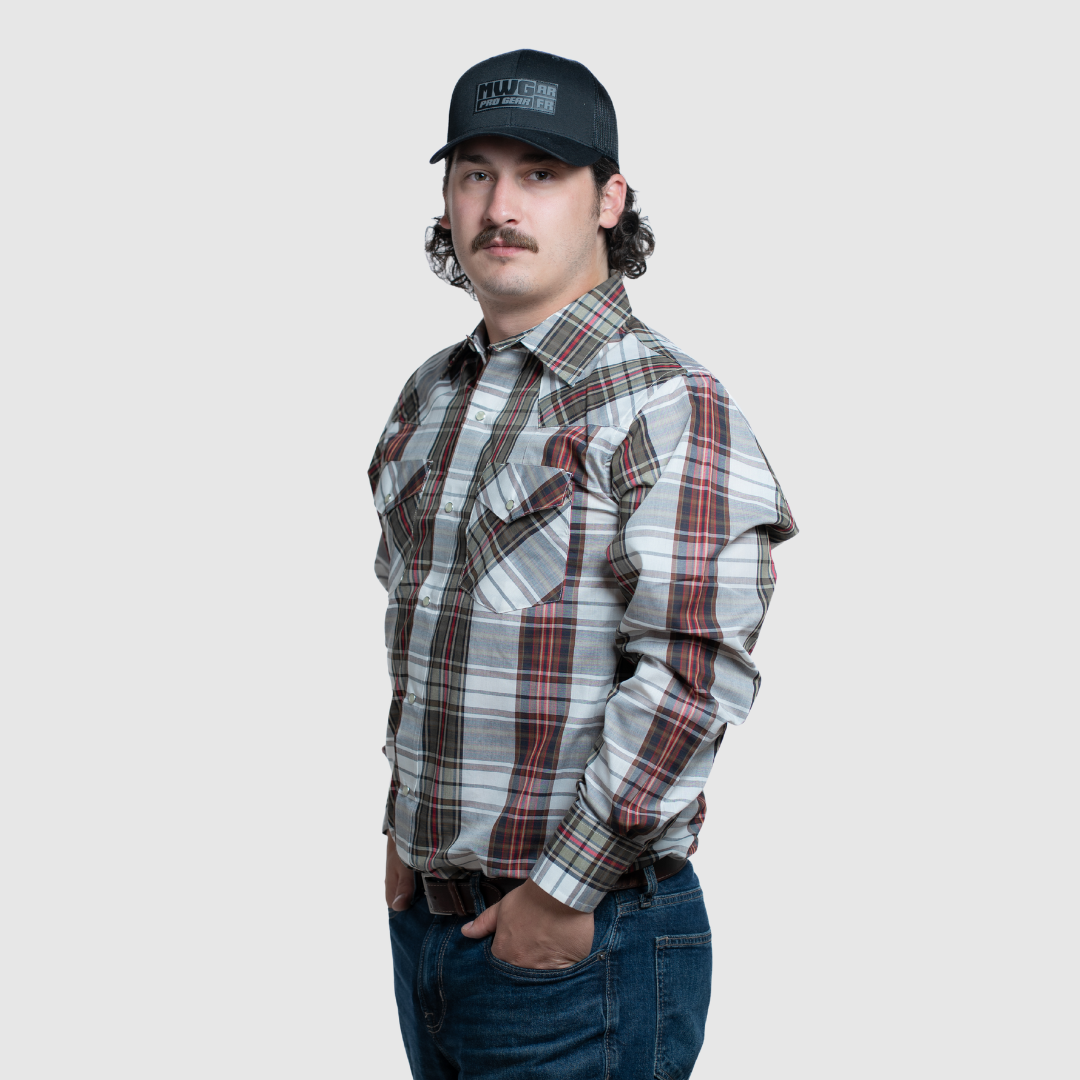 Men's Snap Plaid Shirt (Beige) - I30D02-23