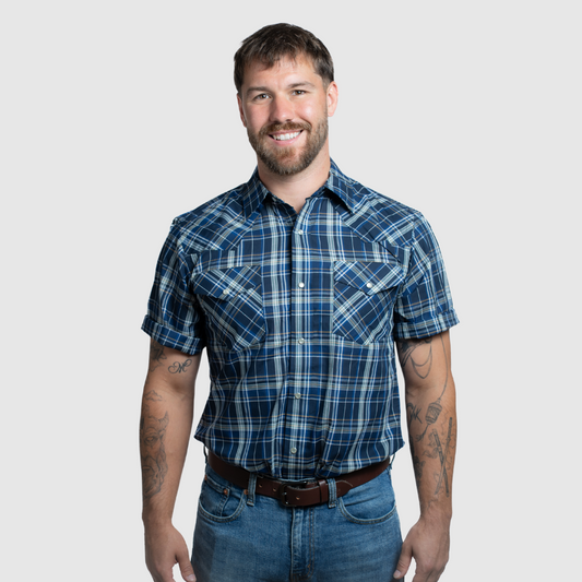 Men's Short-Sleeve Snap Plaid Shirt (Dark Royal) - I30E00-51