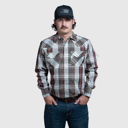 Men's Snap Plaid Shirt (Beige) - I30D02-23