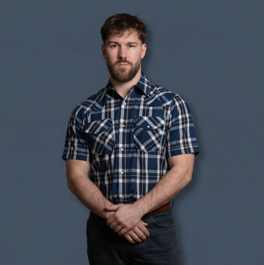 Men's Short-Sleeve Snap Plaid Shirt (Navy/Navy) - I30E00-77