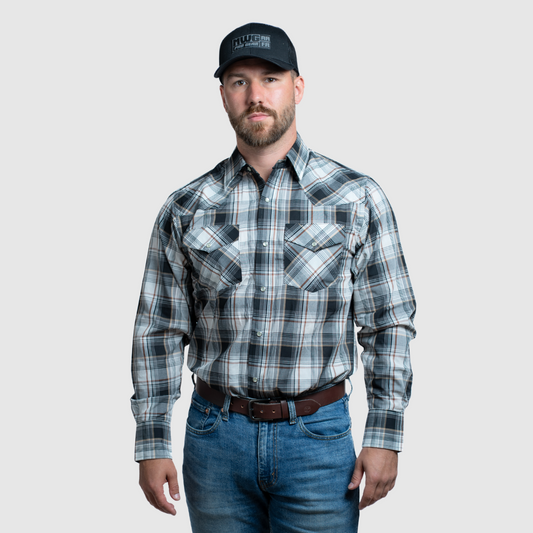 Men's Snap Plaid Shirt (Black Orange) - I30D02-78