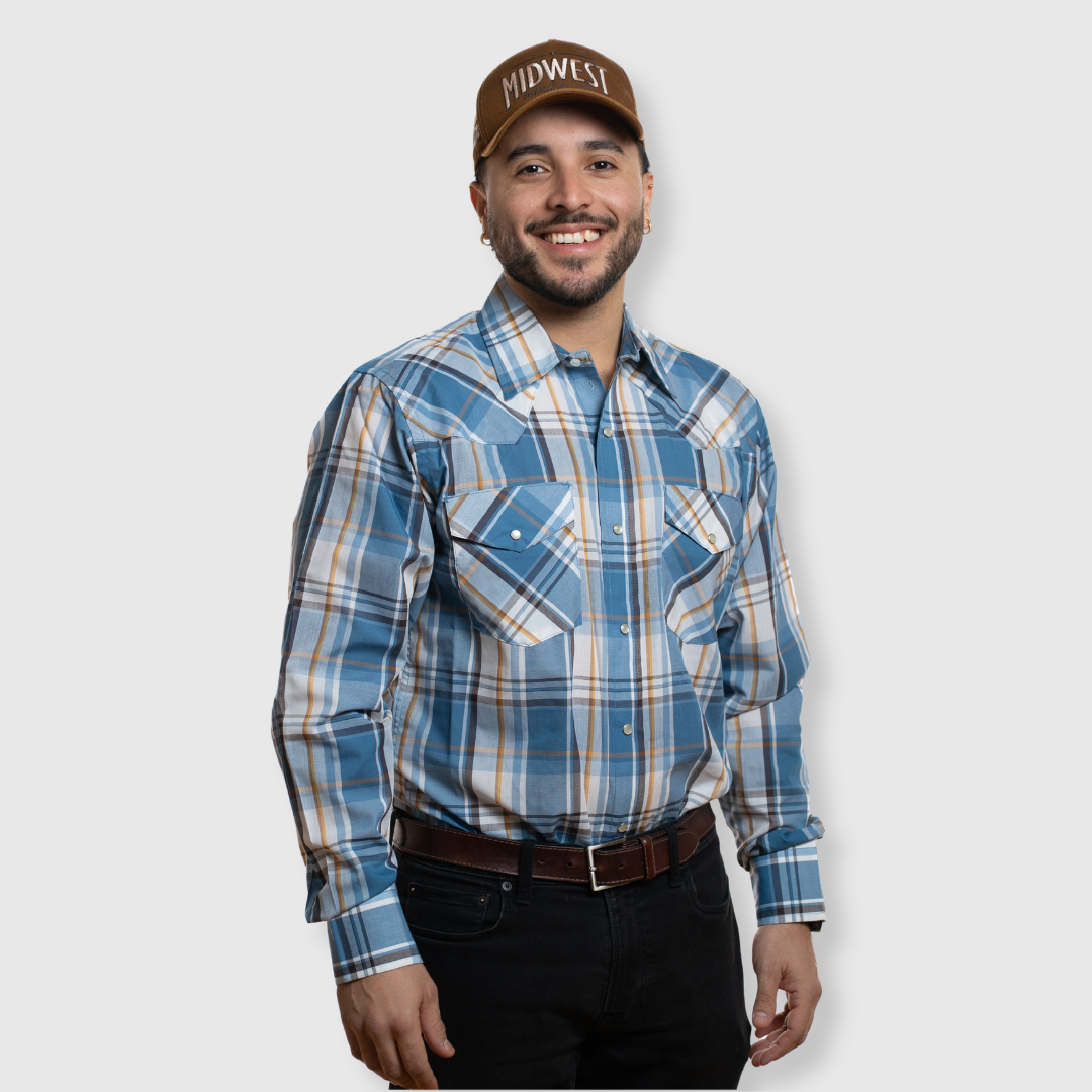 Men's Snap Plaid Shirt (Teal) - I30D02-39