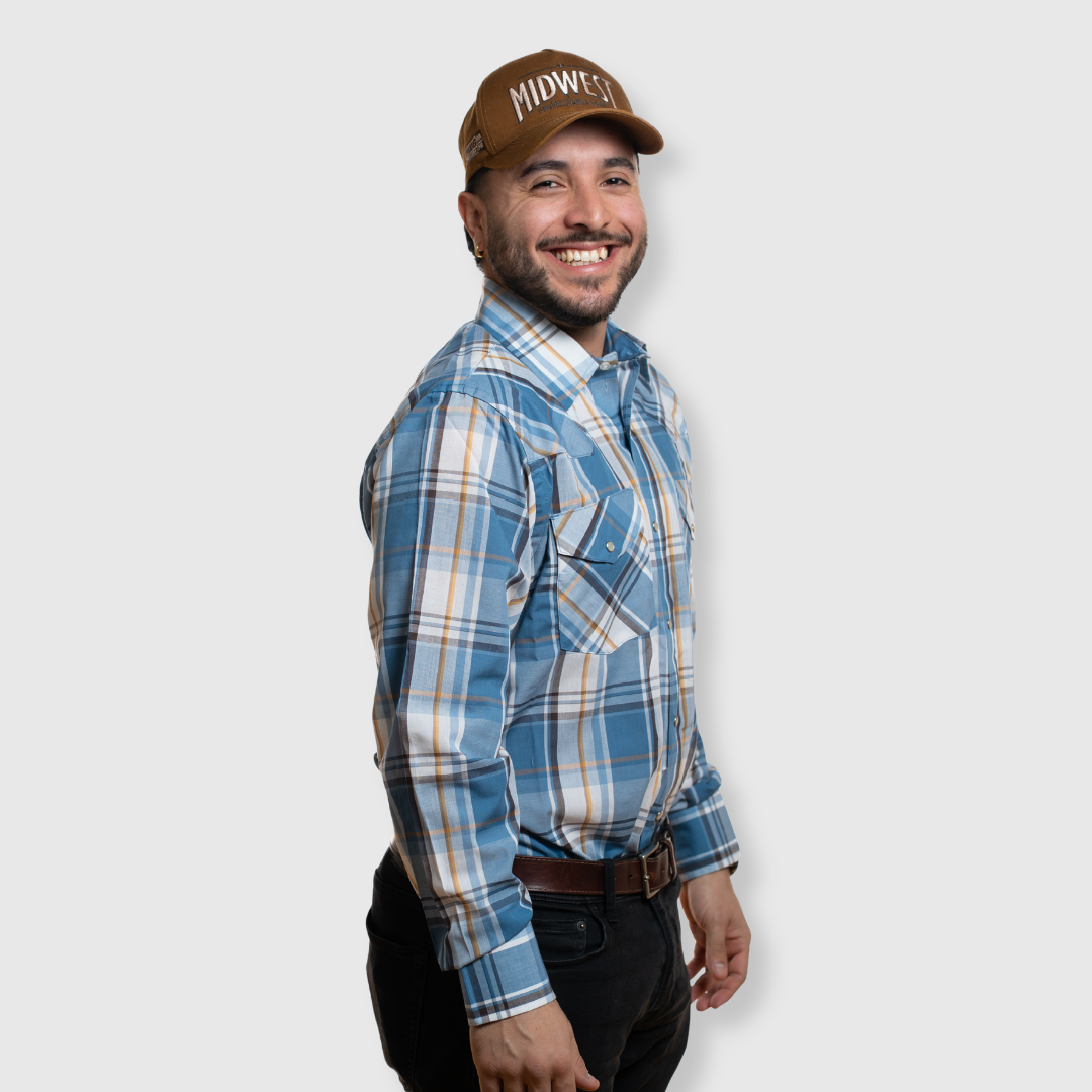 Men's Snap Plaid Shirt (Teal) - I30D02-39