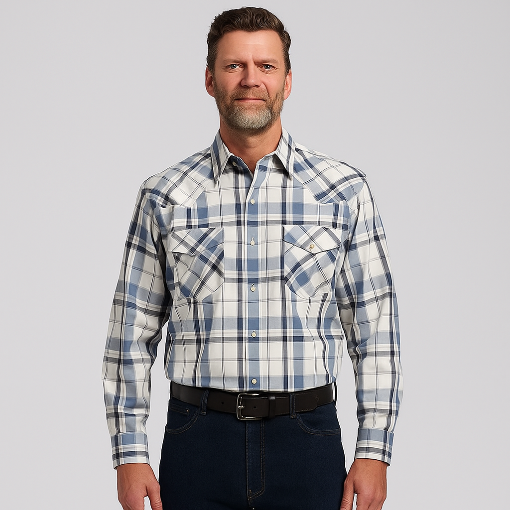 Men's Snap Plaid Shirt (Blue Check) - I30D02-75