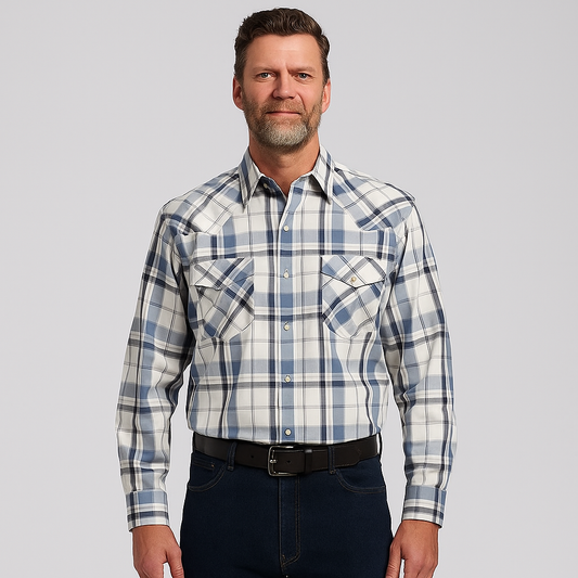 Men's Snap Plaid Shirt (Blue Check) - I30D02-75