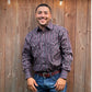 Men's long-sleeve stripe western shirt. Western shirt has burgundy, black and white stripes with pearl snap buttons.