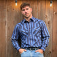 Men's long-sleeve stripe western shirt. Western shirt is blue with black stripes and has pearl snap buttons.