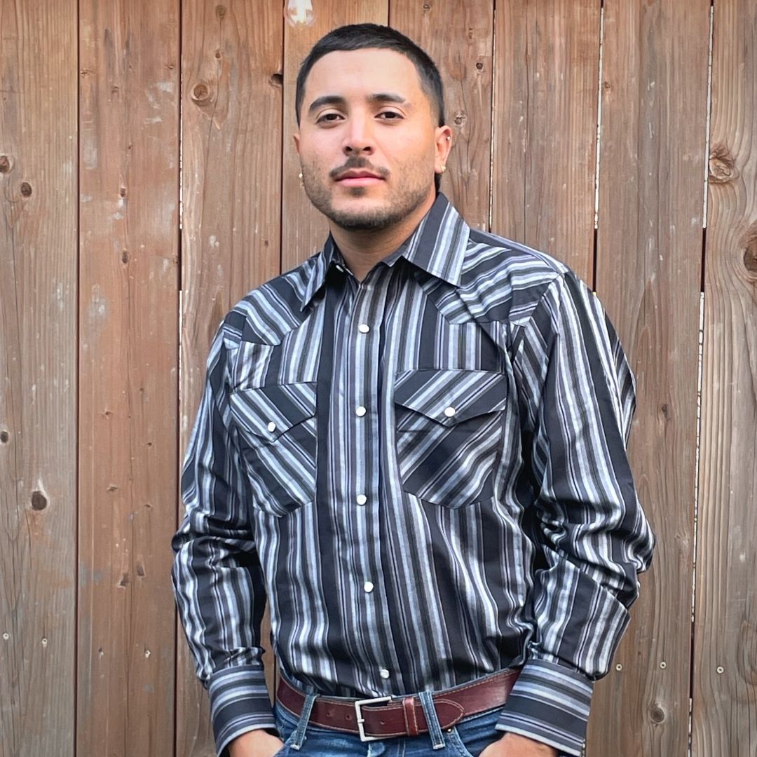 Men's long-sleeve stripe western shirt. Western shirt has black and grey stripes with pearl snap buttons.