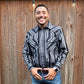 Men's long-sleeve stripe western shirt. Western shirt has black and grey stripes with pearl snap buttons.
