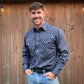 Men's long-sleeve stripe western shirt. Western shirt has navy and grey stripes with pearl snap buttons.