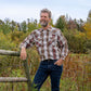 Men's long-sleeve western shirt. Plaid pattern. Pearl snaps.