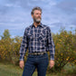 Men's long-sleeve western shirt. Plaid pattern. Pearl snaps.