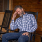 Men's short-sleeve western shirt. Plaid pattern. Pearl snaps.